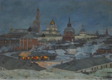 Landscapes Painting - TRINITY AND ST SERGIUS MONASTERY BY MOONLIGHT Konstantin Yuon cityscape city scenes